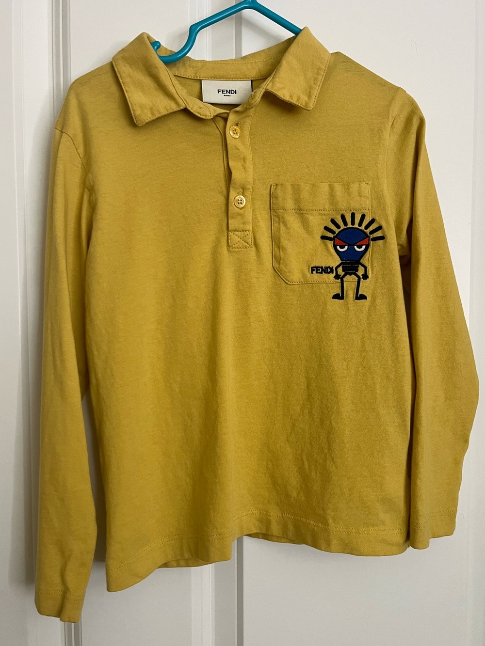 Fendi Kids Long-Sleeve Polo in Bright Yellow with Embroidered Character